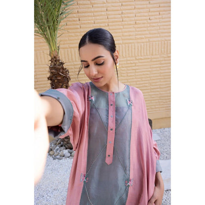 Janki India Baby Pink Organza Silk Kurta with Slip and Pant (Set of 3)