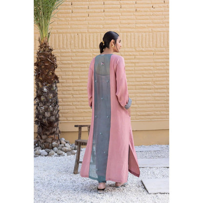 Janki India Baby Pink Organza Silk Kurta with Slip and Pant (Set of 3)