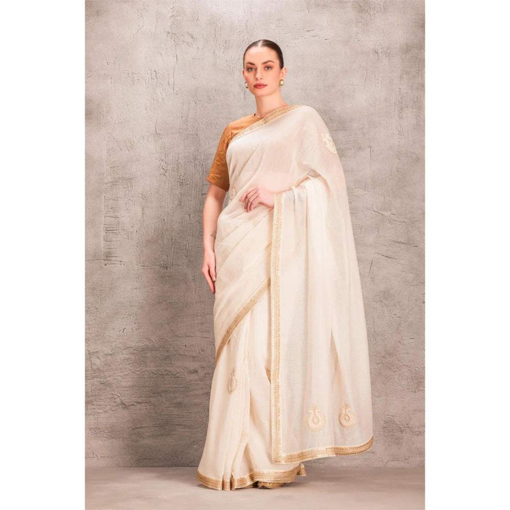 Janki India White Chanderi Brown Saree with Stitched Blouse and Petticoat