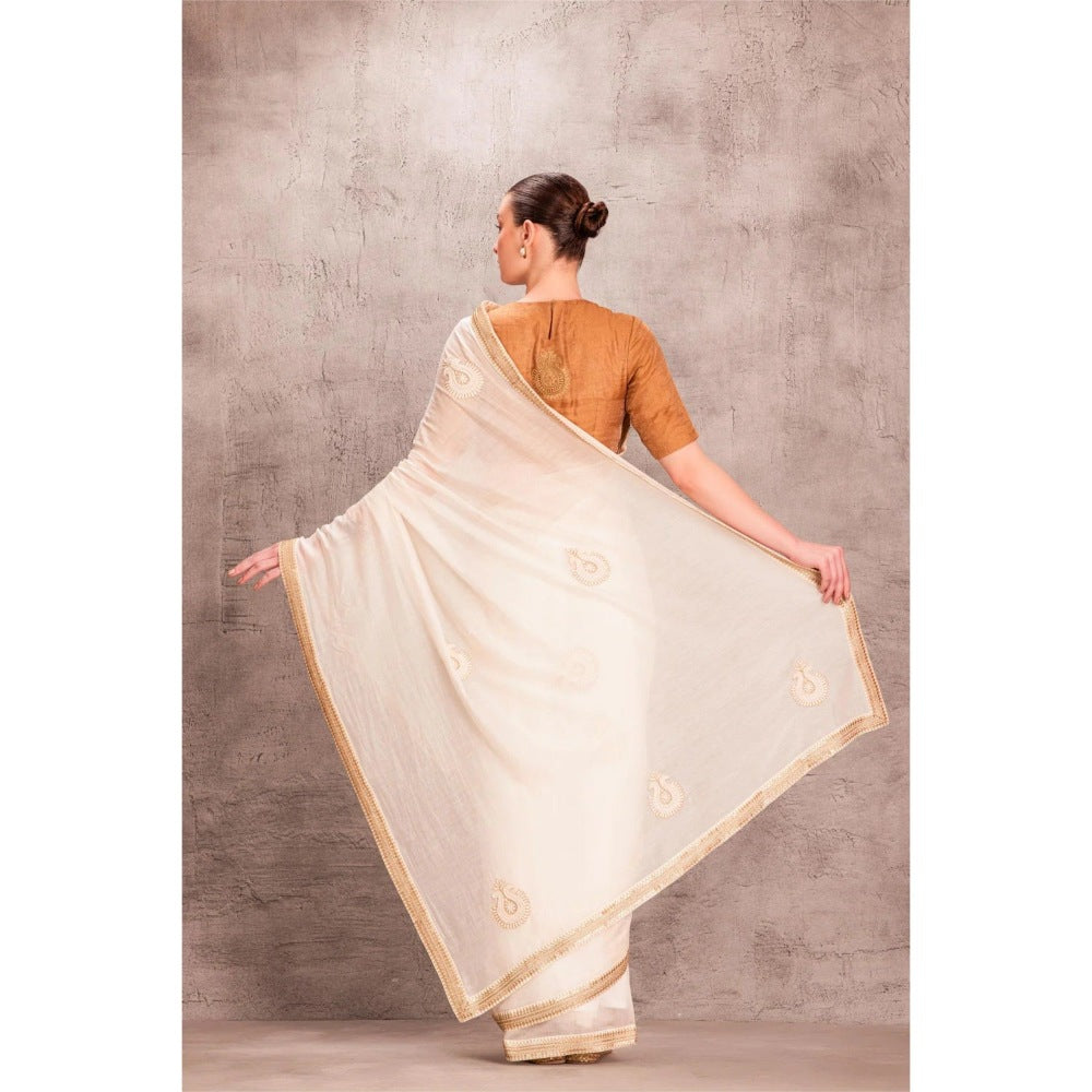 Janki India White Chanderi Brown Saree with Stitched Blouse and Petticoat