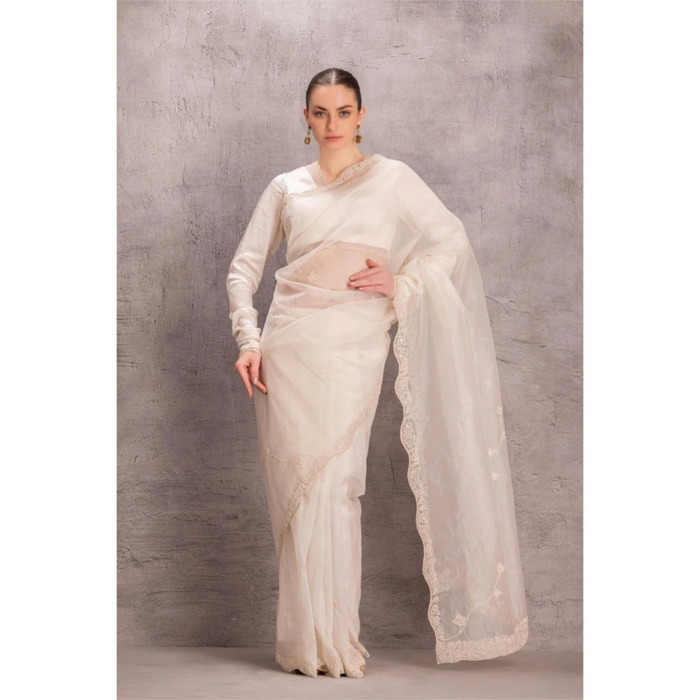 Janki India Pristine White Saree with Stitched Blouse and Petticoat