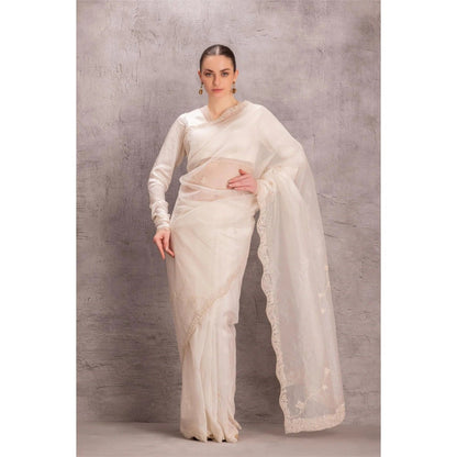 Janki India Pristine White Saree with Stitched Blouse and Petticoat
