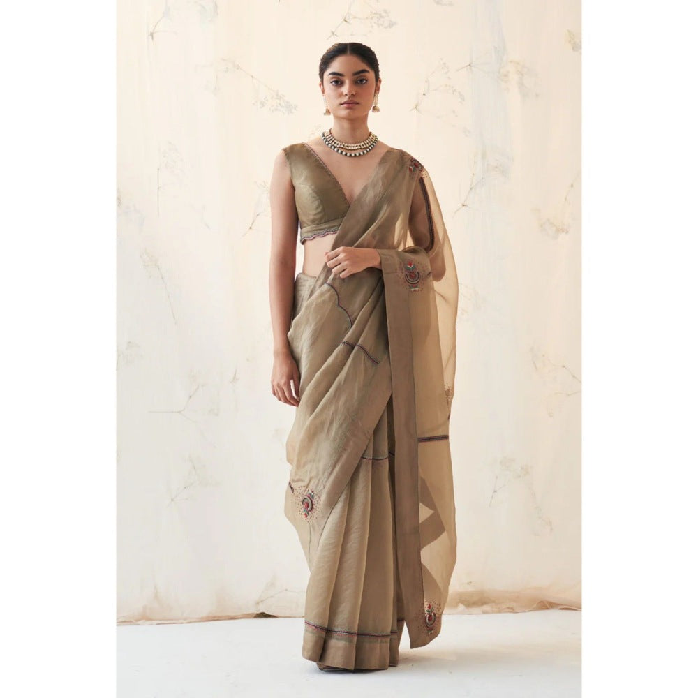 Janki India Brown Organza Saree with Stitched Blouse and Petticoat