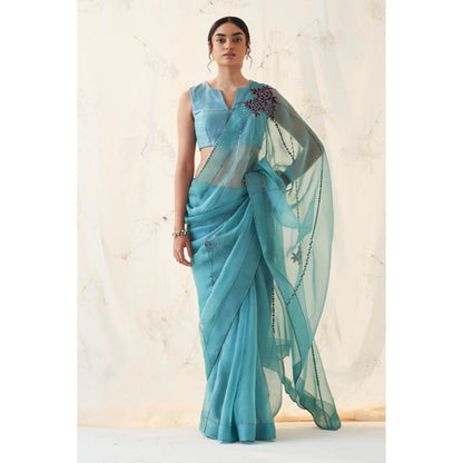 Janki India Teal Organza Saree with Stitched Blouse and Petticoat