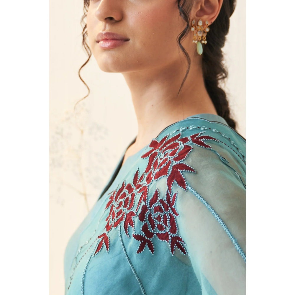 Janki India Teal Organza Saree with Stitched Blouse and Petticoat