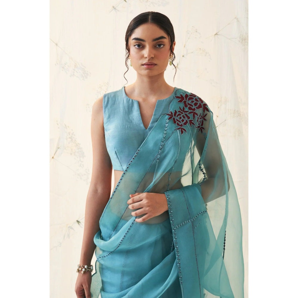 Janki India Teal Organza Saree with Stitched Blouse and Petticoat