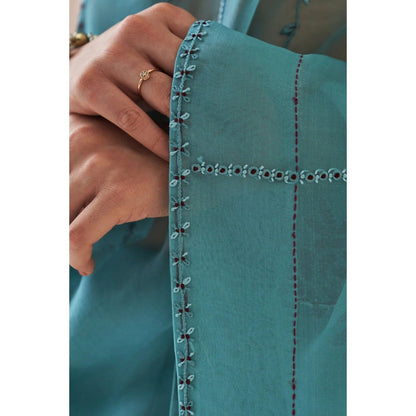 Janki India Teal Organza Saree with Stitched Blouse and Petticoat