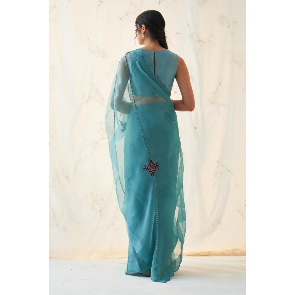 Janki India Teal Organza Saree with Stitched Blouse and Petticoat