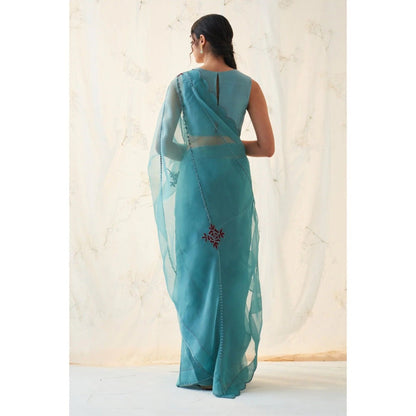 Janki India Teal Organza Saree with Stitched Blouse and Petticoat