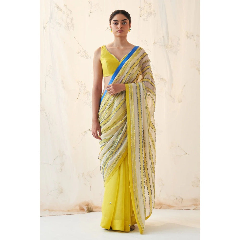 Janki India Yellow Chanderi Saree with Stitched Blouse and Petticoat
