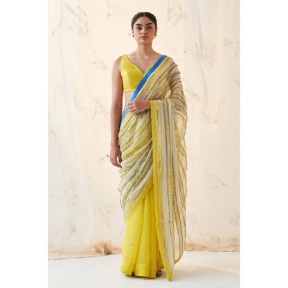 Janki India Yellow Chanderi Saree with Stitched Blouse and Petticoat