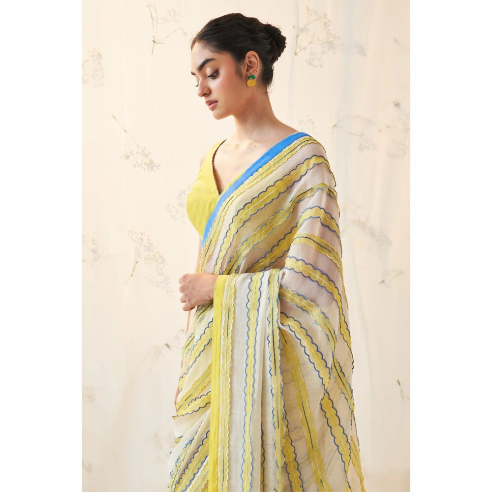Janki India Yellow Chanderi Saree with Stitched Blouse and Petticoat