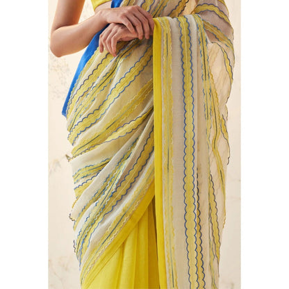Janki India Yellow Chanderi Saree with Stitched Blouse and Petticoat