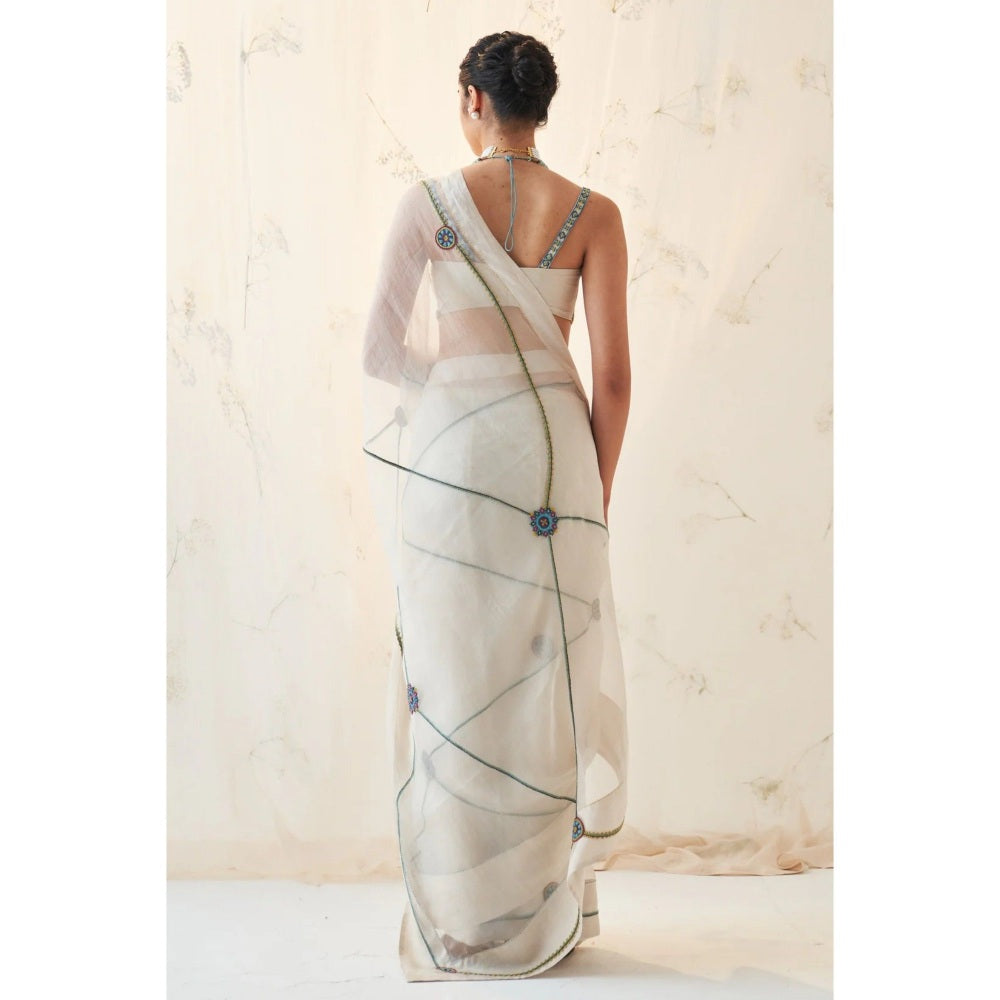 Janki India White Organza Saree with Stitched Blouse and Petticoat