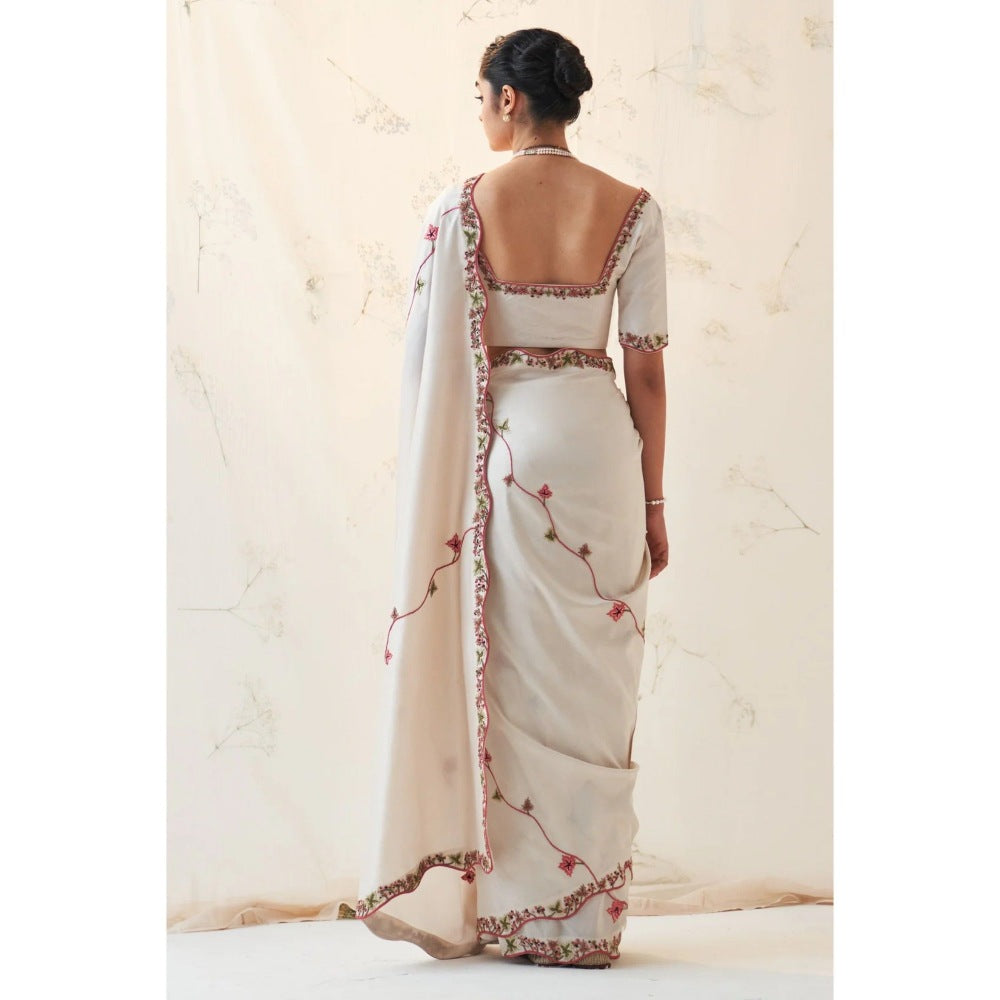 Janki India Ivory Silk Saree with Stitched Blouse and Petticoat