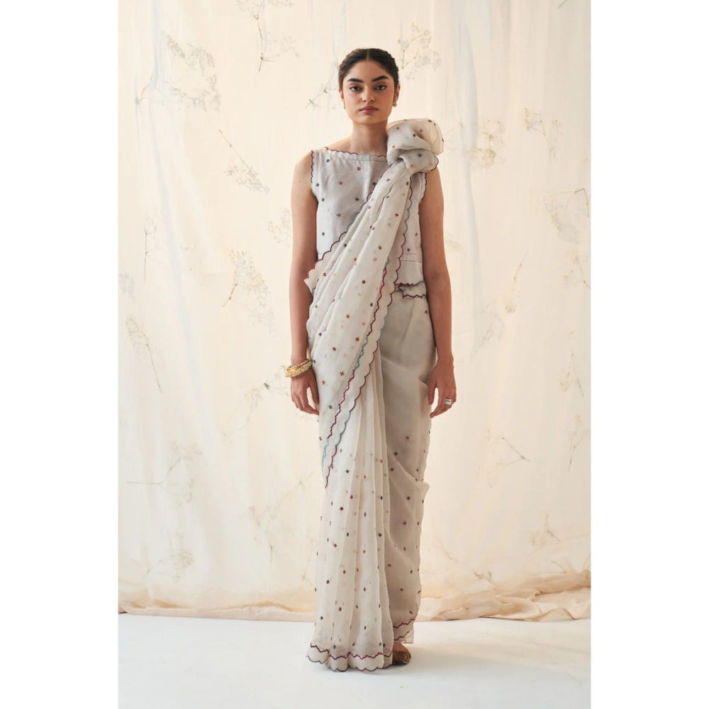 Janki India Ivory Booti Work Saree with Stitched Blouse and Petticoat