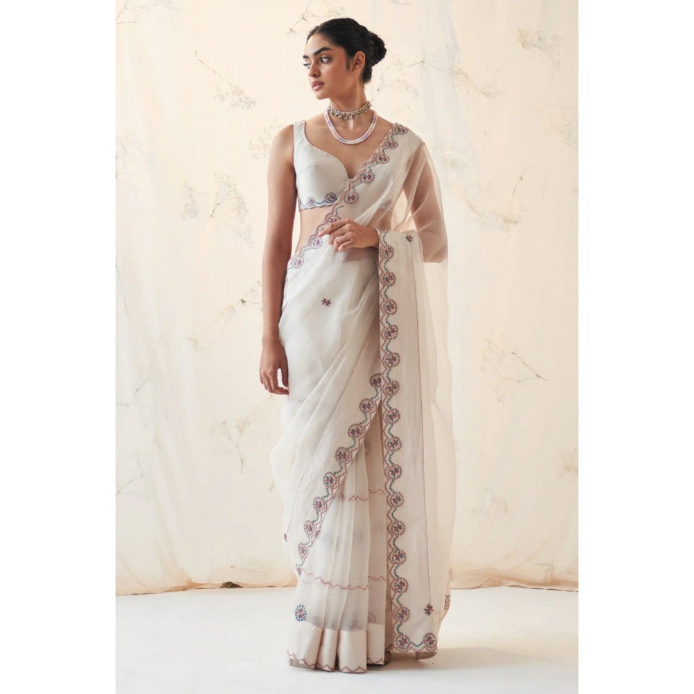 Janki India Ivory Organza Thread Work Saree with Stitched Blouse and Petticoat
