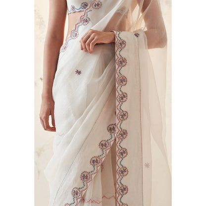 Janki India Ivory Organza Thread Work Saree with Stitched Blouse and Petticoat