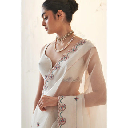 Janki India Ivory Organza Thread Work Saree with Stitched Blouse and Petticoat