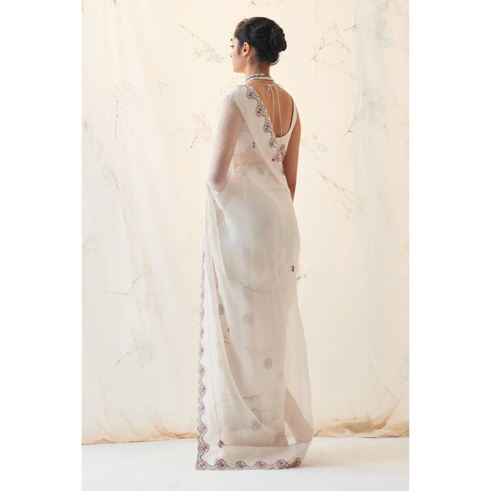 Janki India Ivory Organza Thread Work Saree with Stitched Blouse and Petticoat