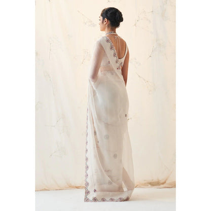 Janki India Ivory Organza Thread Work Saree with Stitched Blouse and Petticoat