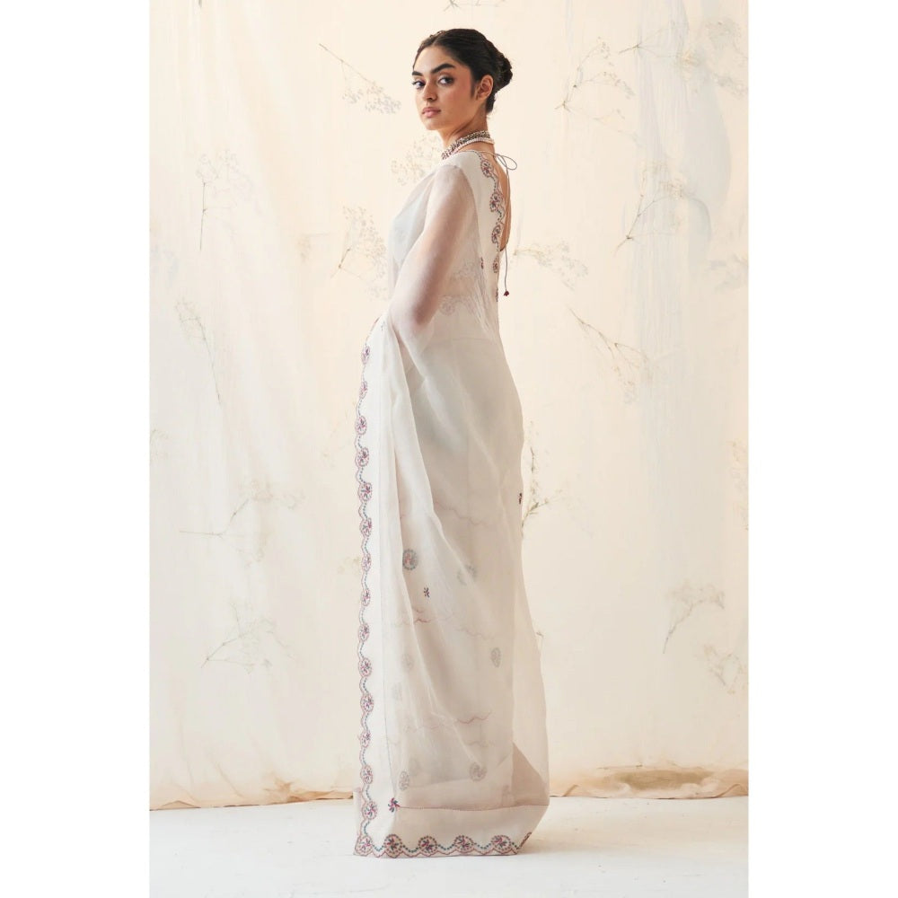 Janki India Ivory Organza Thread Work Saree with Stitched Blouse and Petticoat