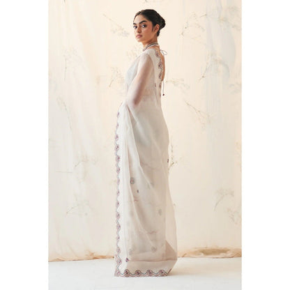 Janki India Ivory Organza Thread Work Saree with Stitched Blouse and Petticoat
