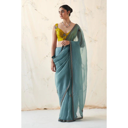 Janki India Teal Organza Saree with Stitched Blouse and Petticoat