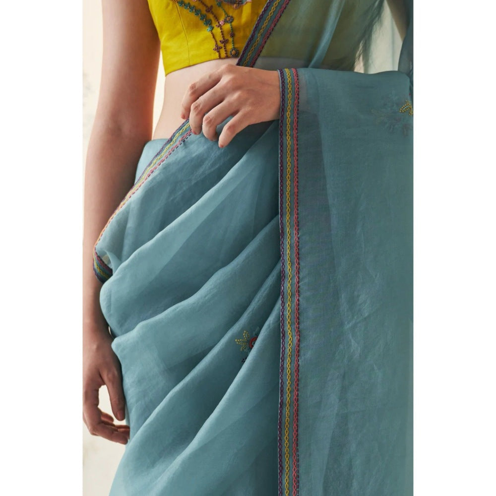 Janki India Teal Organza Saree with Stitched Blouse and Petticoat
