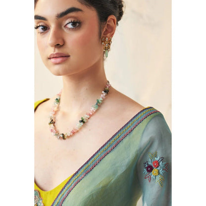 Janki India Teal Organza Saree with Stitched Blouse and Petticoat