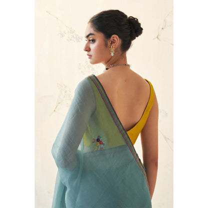 Janki India Teal Organza Saree with Stitched Blouse and Petticoat