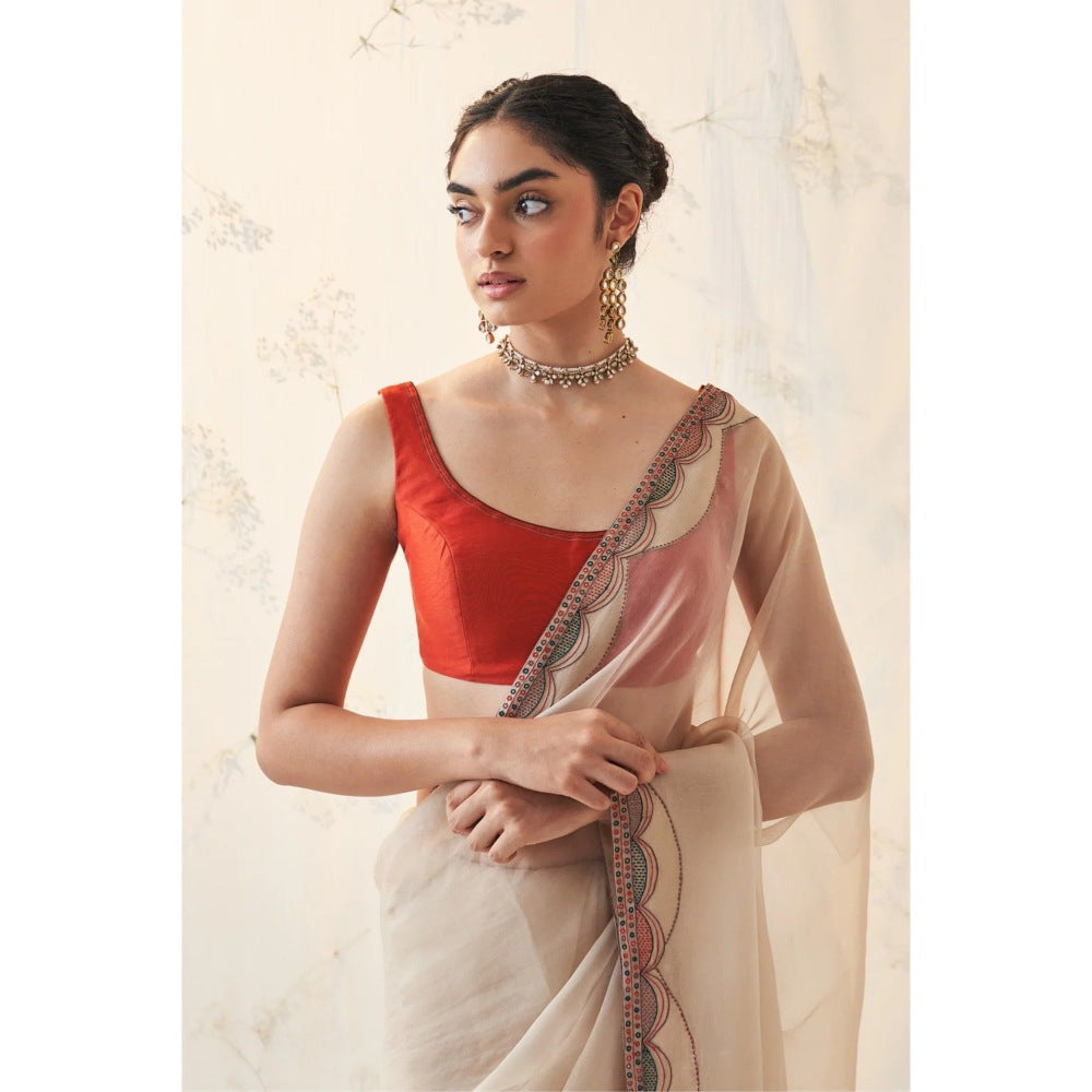 Janki India Off White Organza Saree with Stitched Blouse and Petticoat