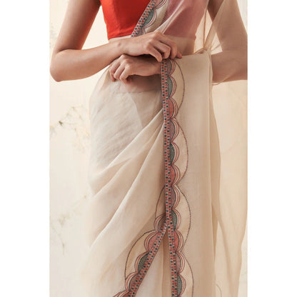 Janki India Off White Organza Saree with Stitched Blouse and Petticoat