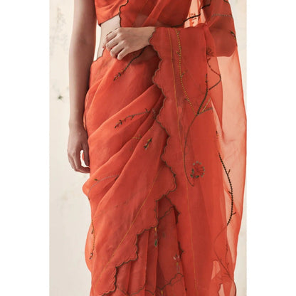 Janki India Rust Organza Saree with Stitched Blouse and Petticoat