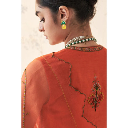Janki India Rust Organza Saree with Stitched Blouse and Petticoat