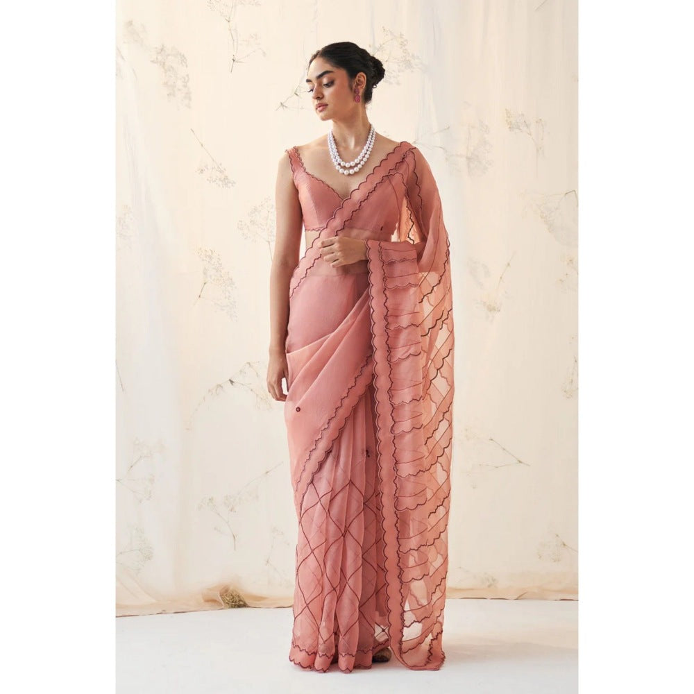 Janki India Peach Organza Saree with Stitched Blouse and Petticoat