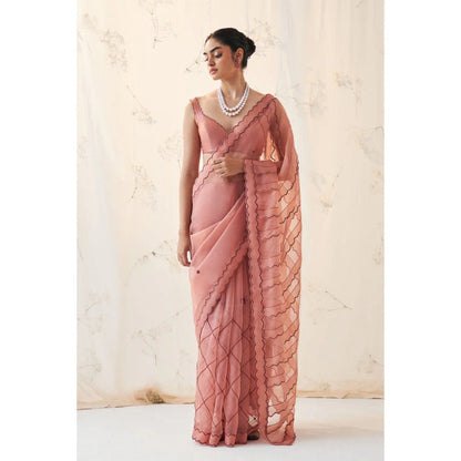 Janki India Peach Organza Saree with Stitched Blouse and Petticoat