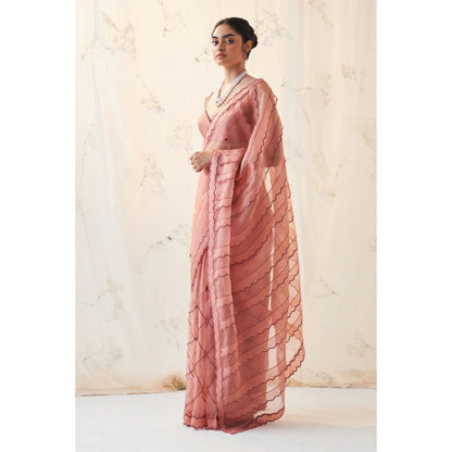 Janki India Peach Organza Saree with Stitched Blouse and Petticoat