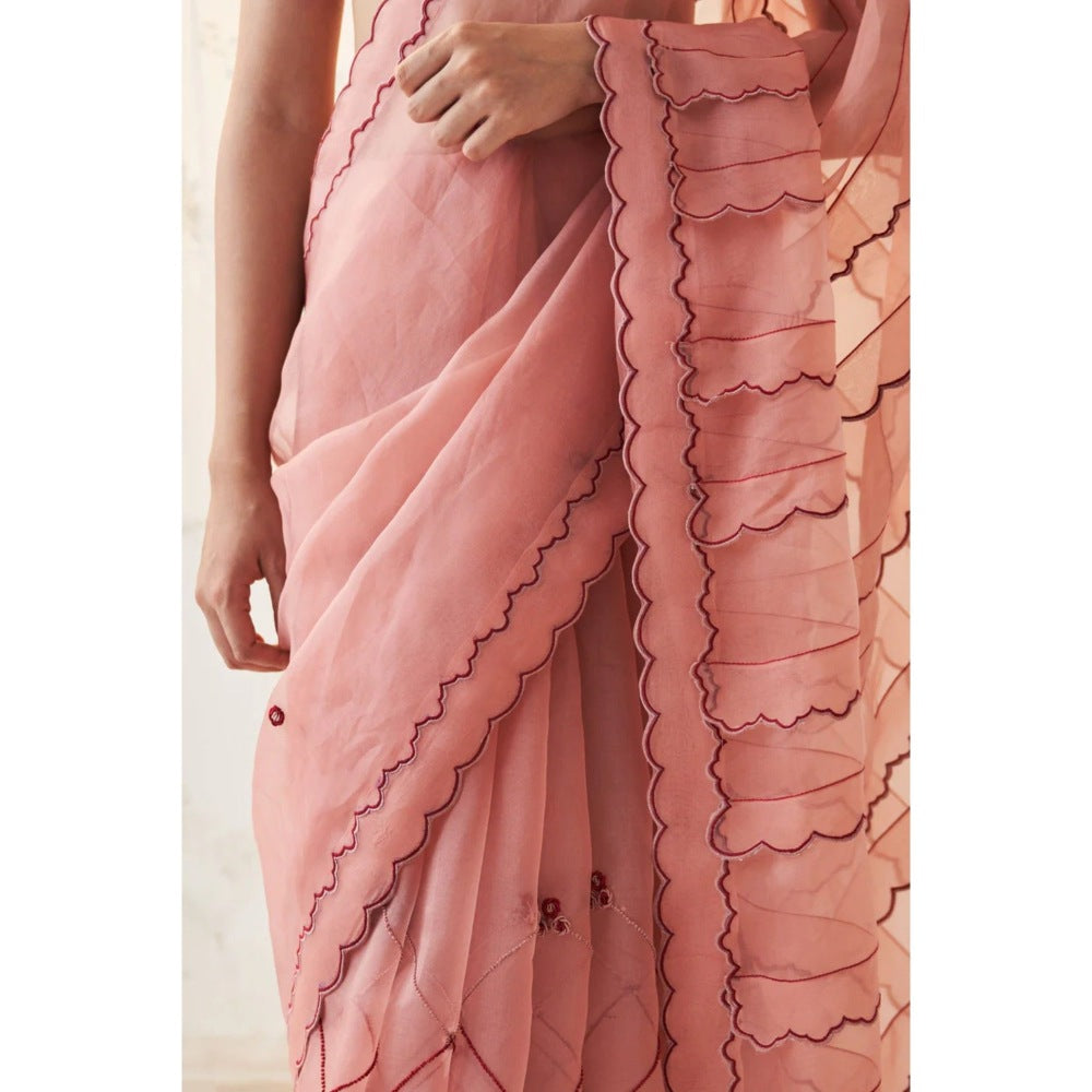 Janki India Peach Organza Saree with Stitched Blouse and Petticoat