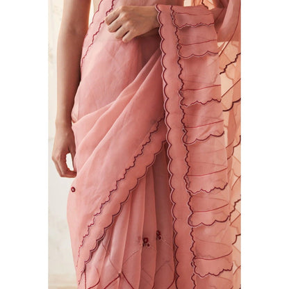 Janki India Peach Organza Saree with Stitched Blouse and Petticoat