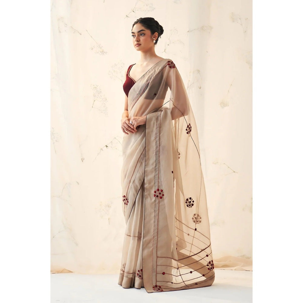 Janki India Taupe Organza Saree with Stitched Blouse and Petticoat
