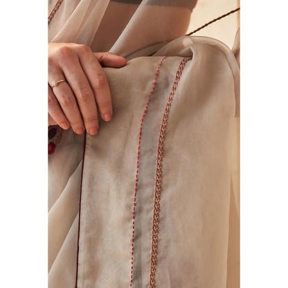 Janki India Taupe Organza Saree with Stitched Blouse and Petticoat