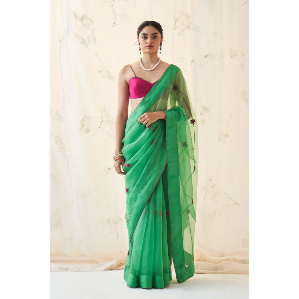 Janki India Emerald Green Organza Saree with Stitched Blouse and Petticoat