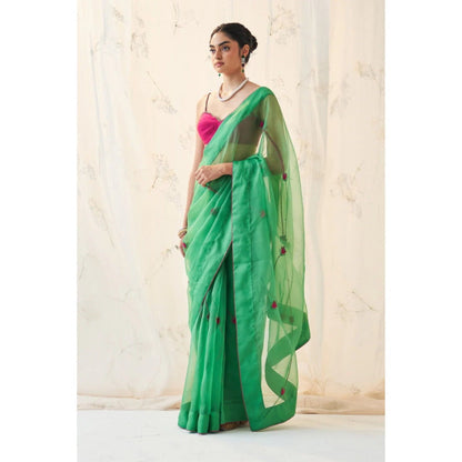 Janki India Emerald Green Organza Saree with Stitched Blouse and Petticoat
