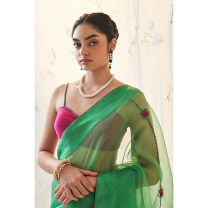 Janki India Emerald Green Organza Saree with Stitched Blouse and Petticoat