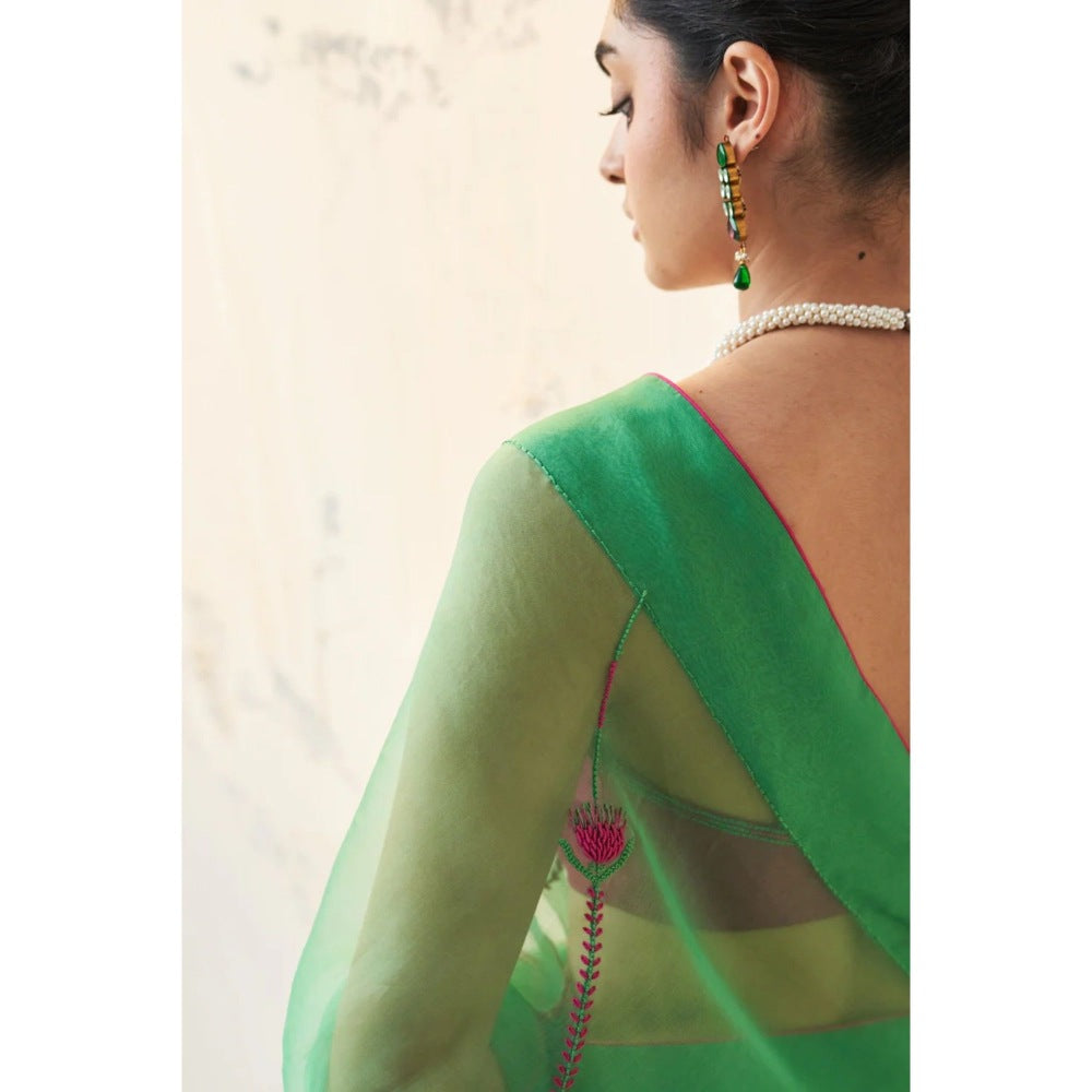 Janki India Emerald Green Organza Saree with Stitched Blouse and Petticoat