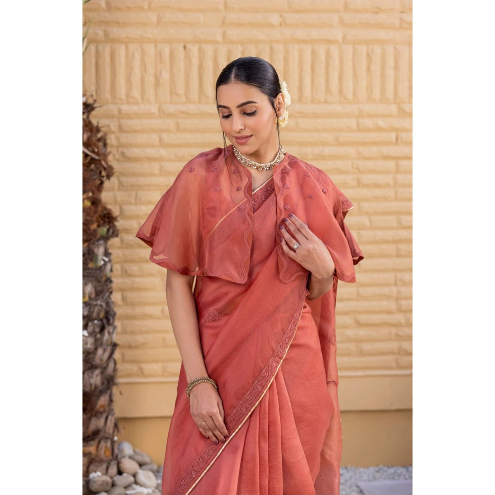 Janki India Rust Organza Saree with Stitched Blouse and Petticoat