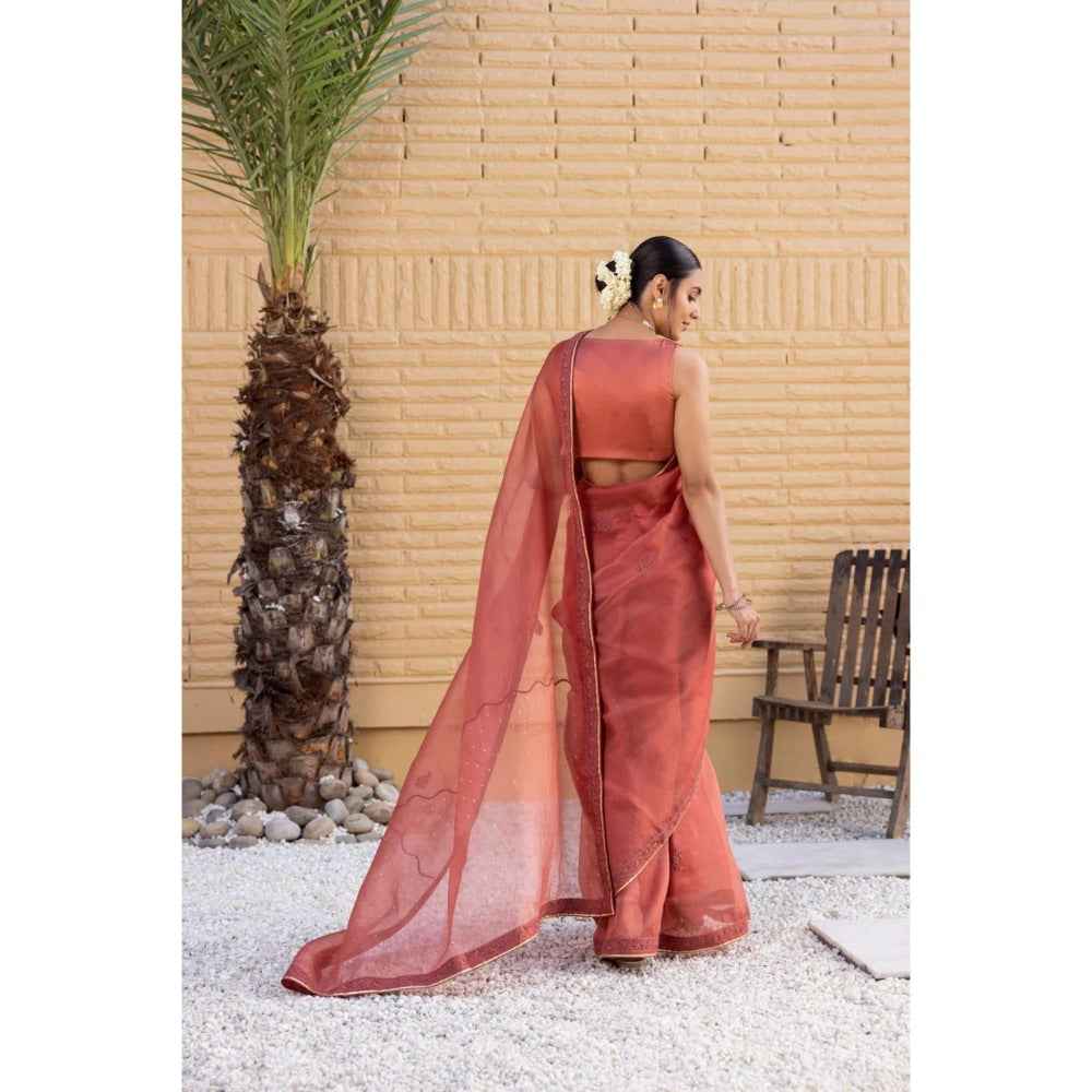 Janki India Rust Organza Saree with Stitched Blouse and Petticoat
