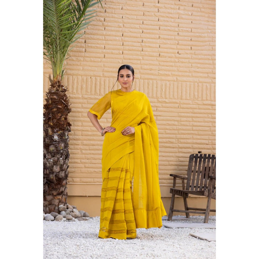 Janki India Yellow Chanderi Saree with Stitched Blouse and Petticoat