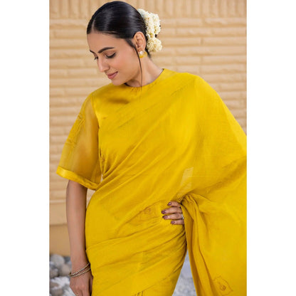 Janki India Yellow Chanderi Saree with Stitched Blouse and Petticoat